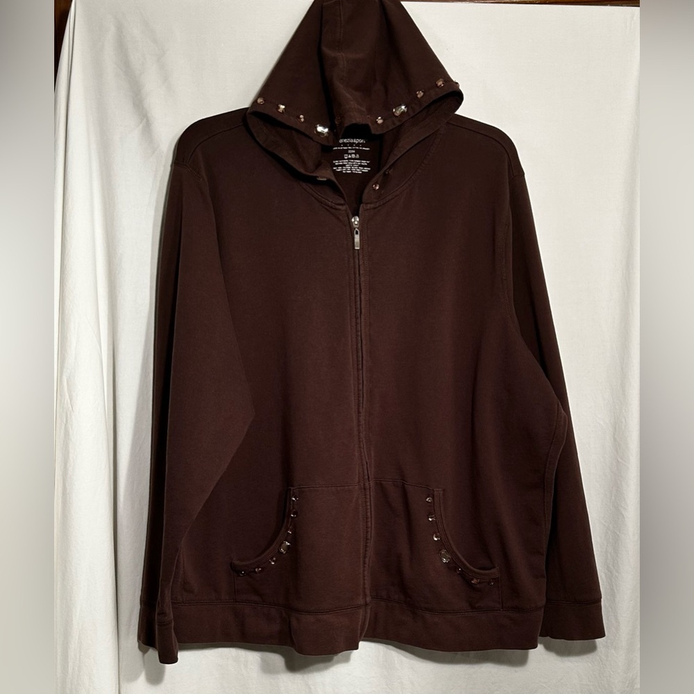 WOMENS 22/24 BROWN VENEZIA SPORT RHINESTONE ZIP FRONT 2 POCKET HOODIE JACKET
